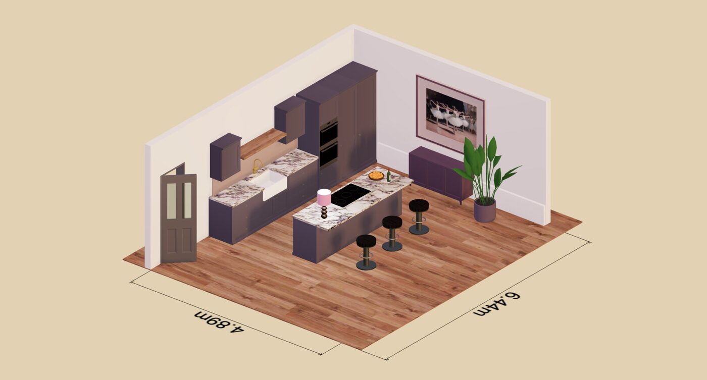 Measured room layout in 3D showing cabinets and an island with wall dimensions