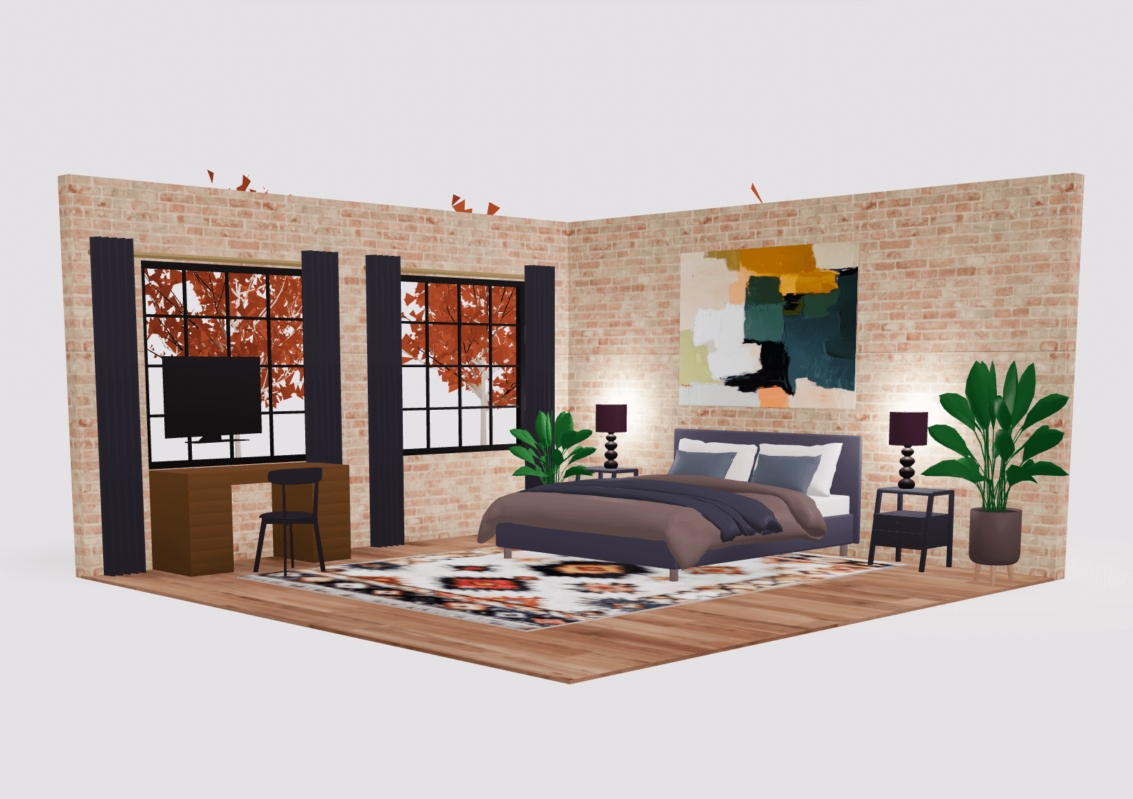 Bedroom design in 3D with exposed brick walls, a bed, desk, and wall art