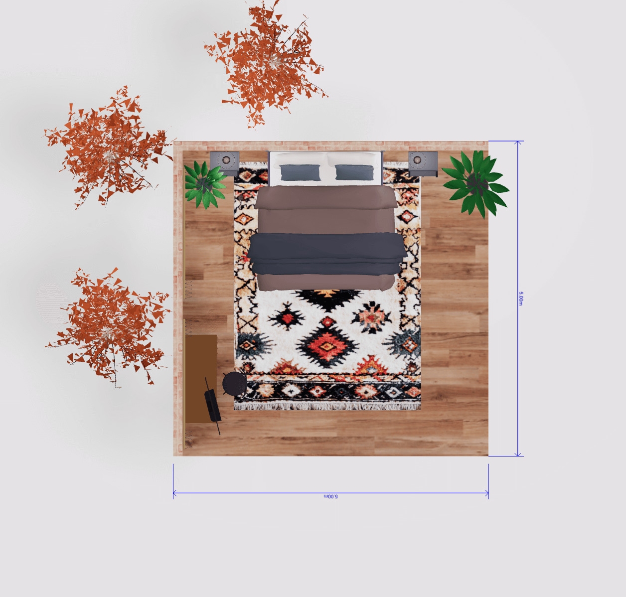 2D room plan viewed from above showing a 5m by 5m bedroom layout with measurements