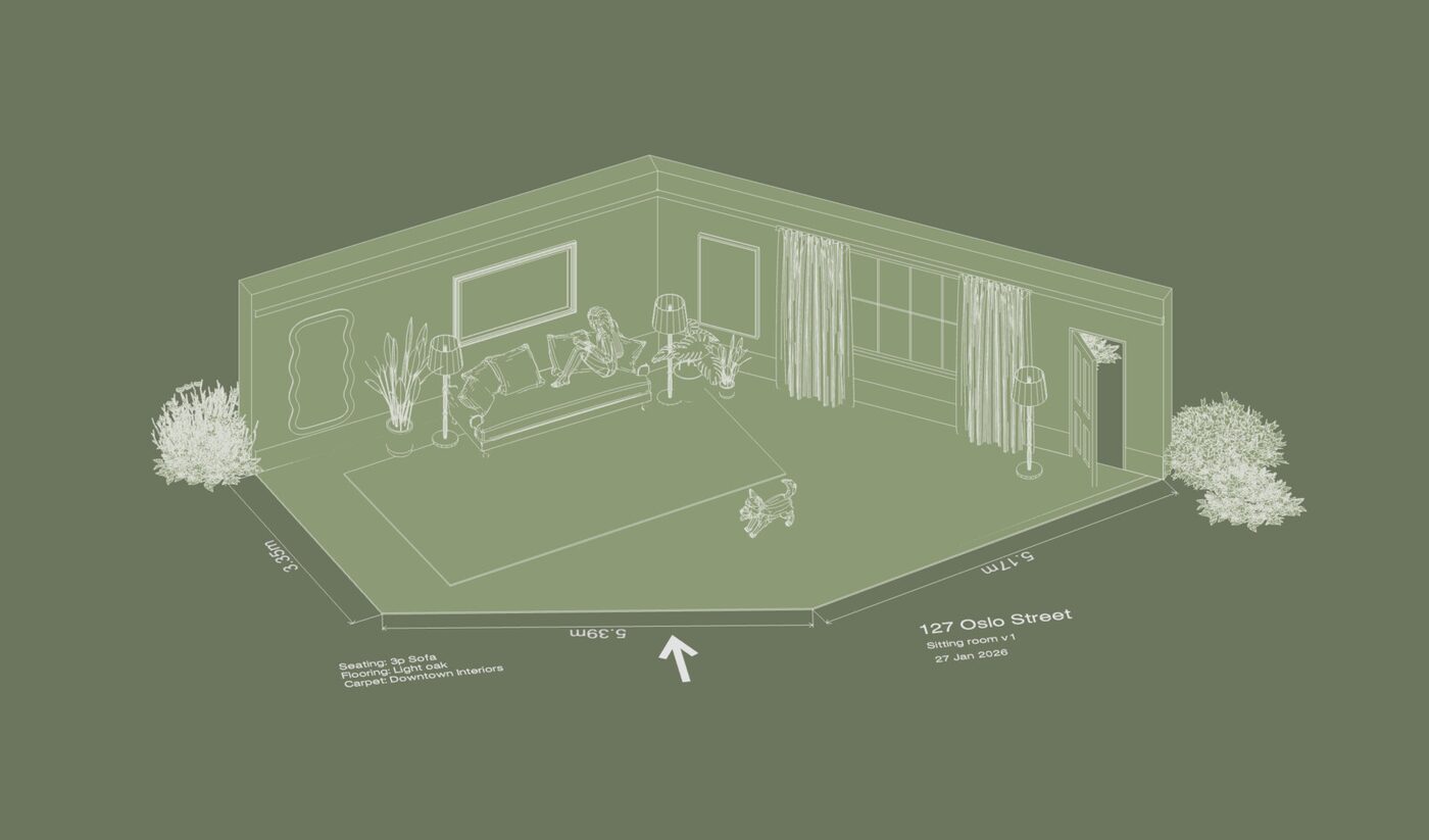 Room design features shown as an outline view of a living room layout with measurements