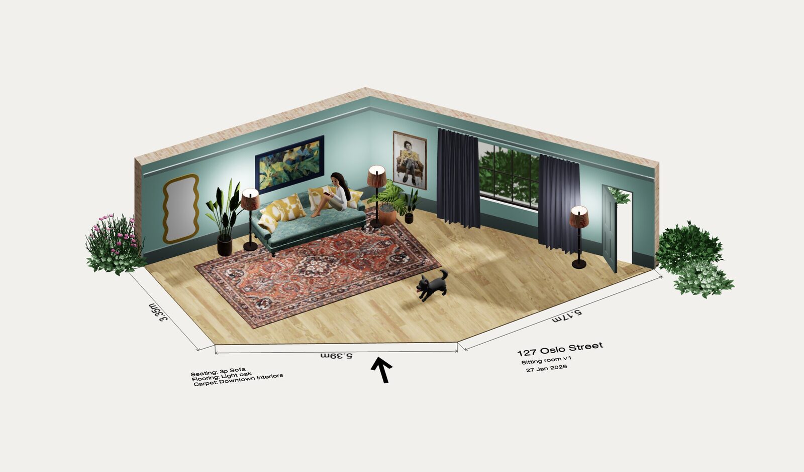 Free 3D room designer showing a furnished living room in dollhouse view with wall measurements
