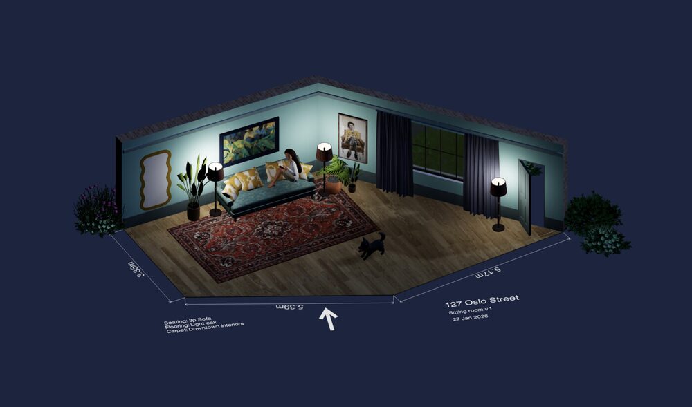 Room design previewed with evening lighting to check night-time ambiance