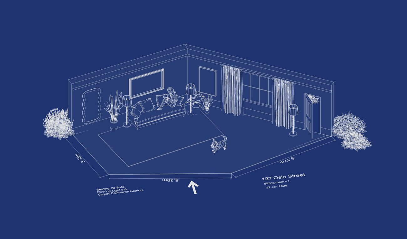 Room layout planner showing a living room as a blueprint wireframe with dimensions