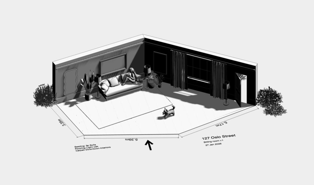 Room plan in monochrome view showing furniture placement and floor space