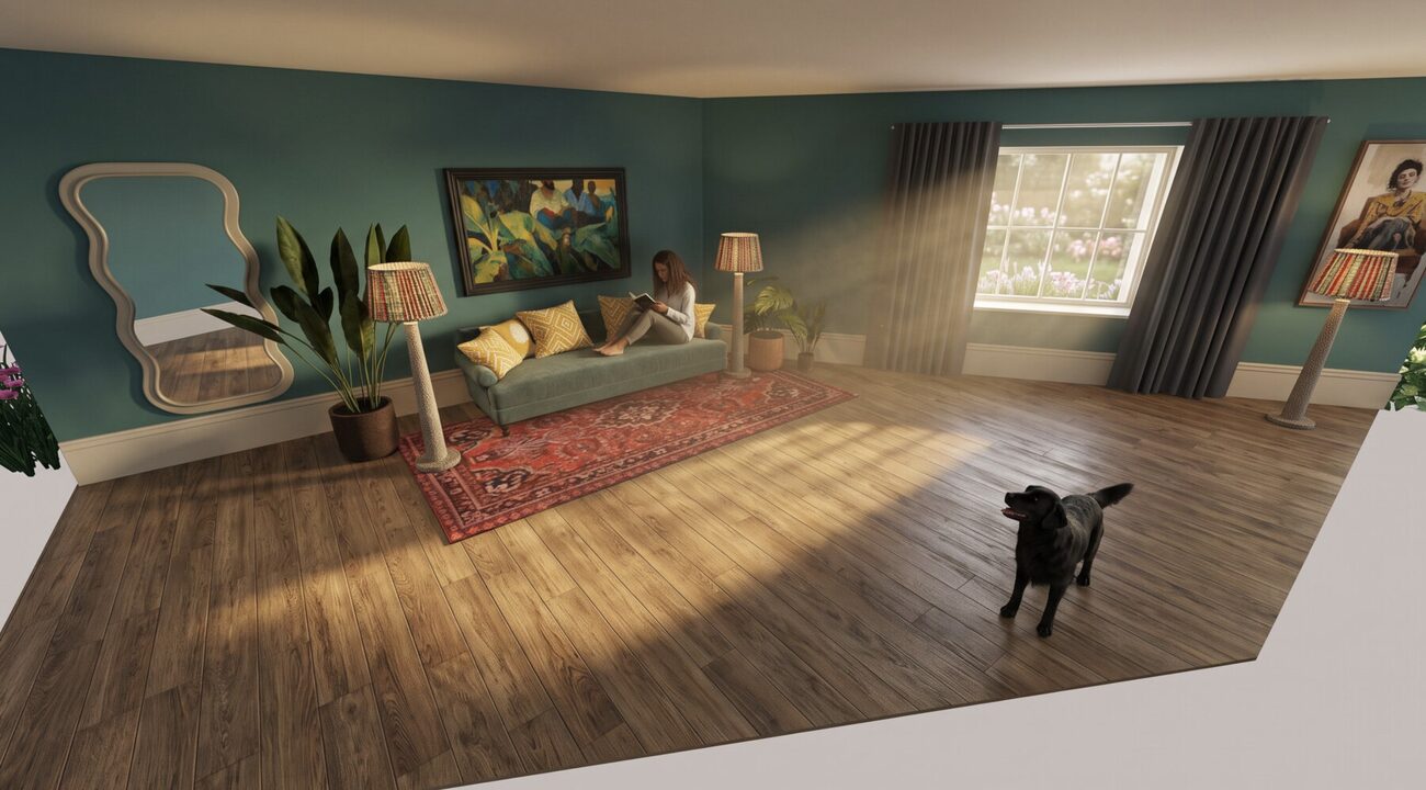 3D room design seen from inside the room, showing furniture, flooring, and natural light