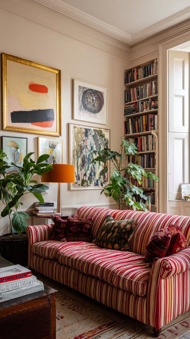 Living room design idea with a striped sofa, gallery wall, and built-in bookshelves