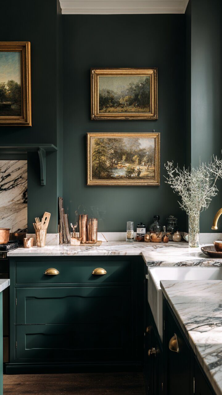 Interior design inspiration showing a dark green kitchen with marble countertops