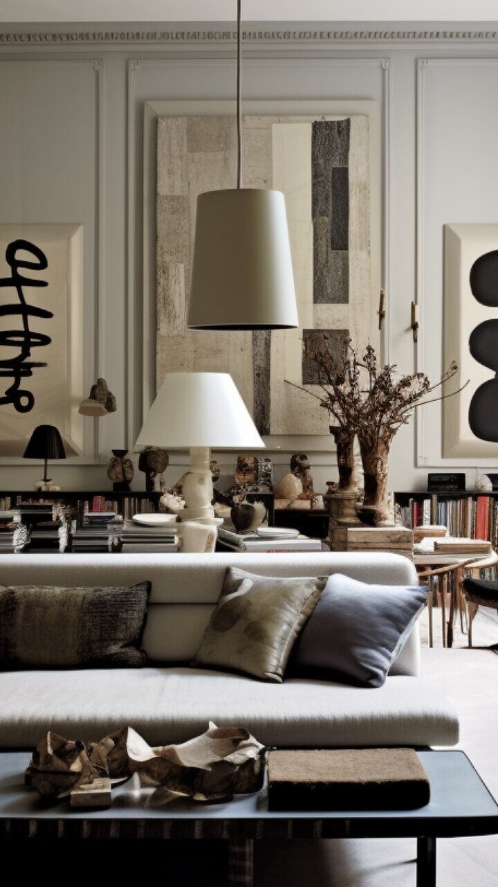 Neutral living room design with a pendant light, large artworks, and low seating